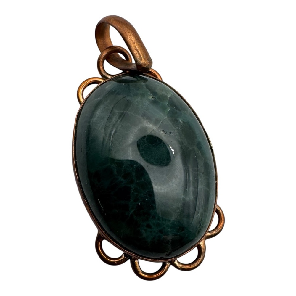 Vintage Green Stone Oval Pendant in Brass Tone Frame -‎ 1.75”